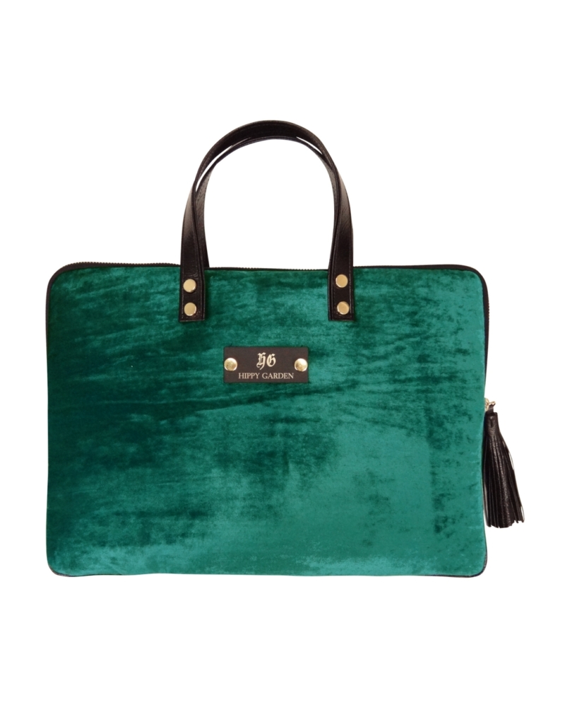 HIPPY GARDEN - GREEN VELVET LAPTOP BAG