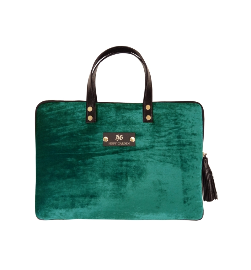 HIPPY GARDEN - GREEN VELVET LAPTOP BAG